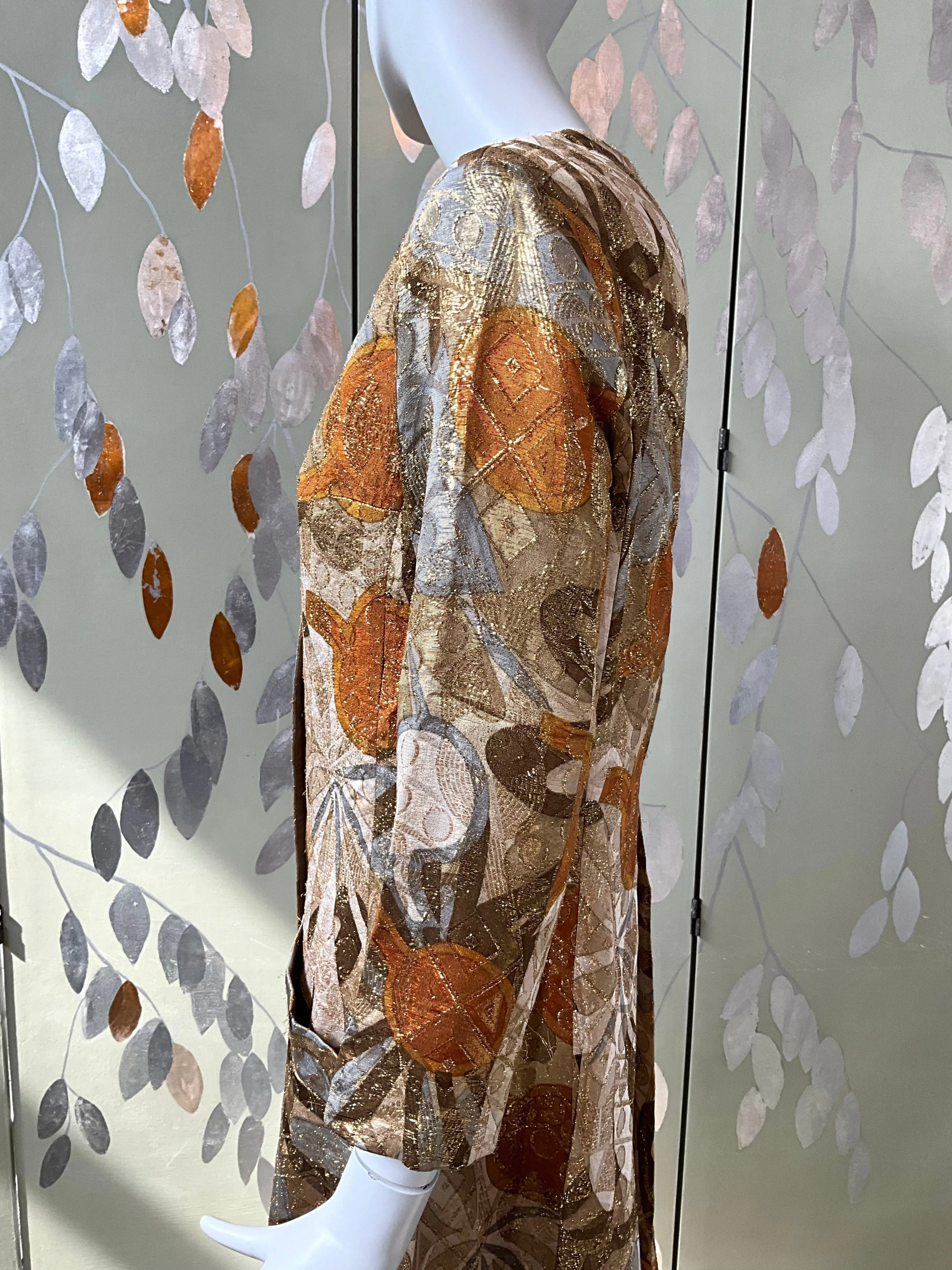 Vintage 1970s Bill Blass Metallic Gold Abstract Coat Jacket, Medium