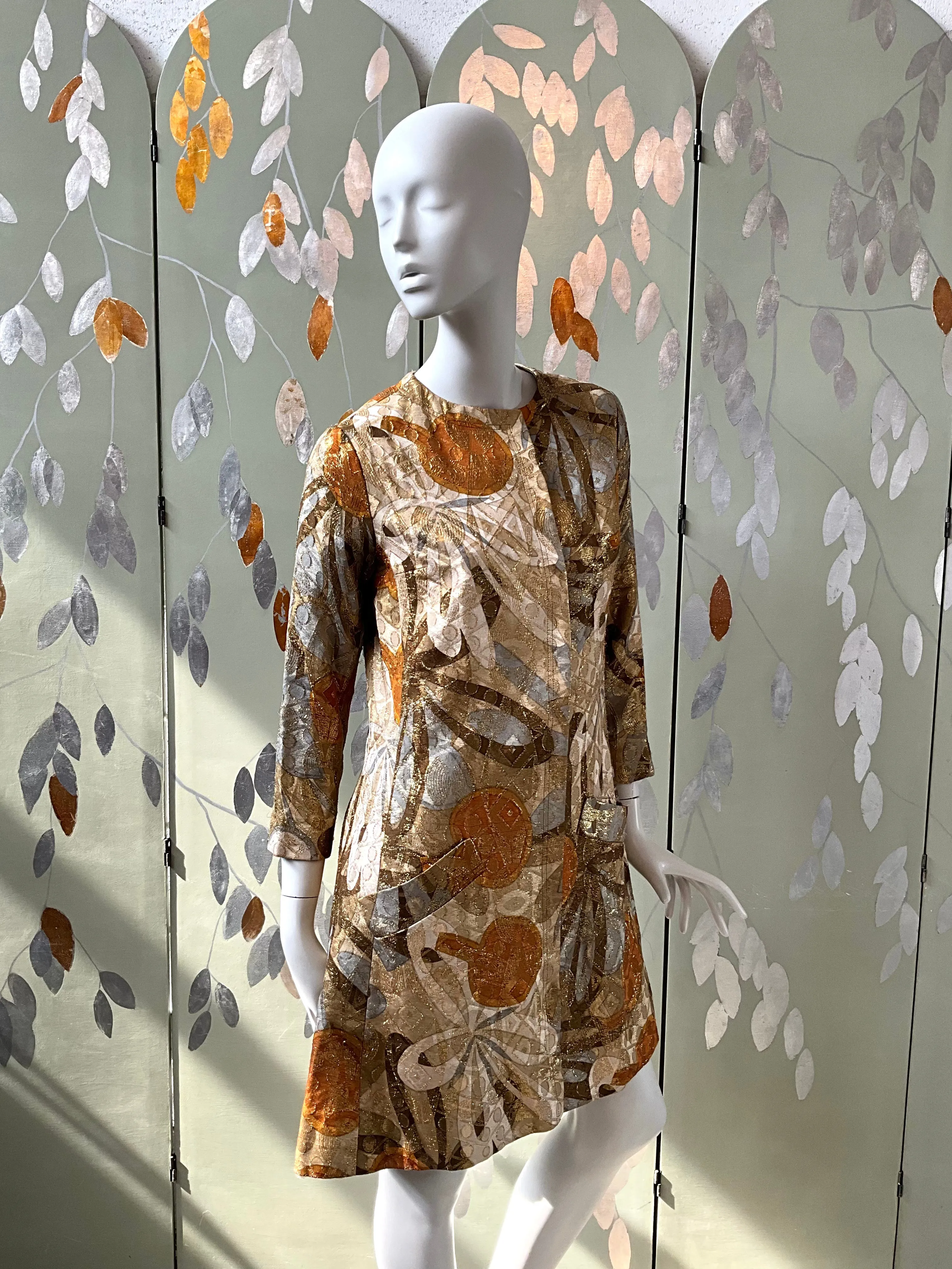Vintage 1970s Bill Blass Metallic Gold Abstract Coat Jacket, Medium