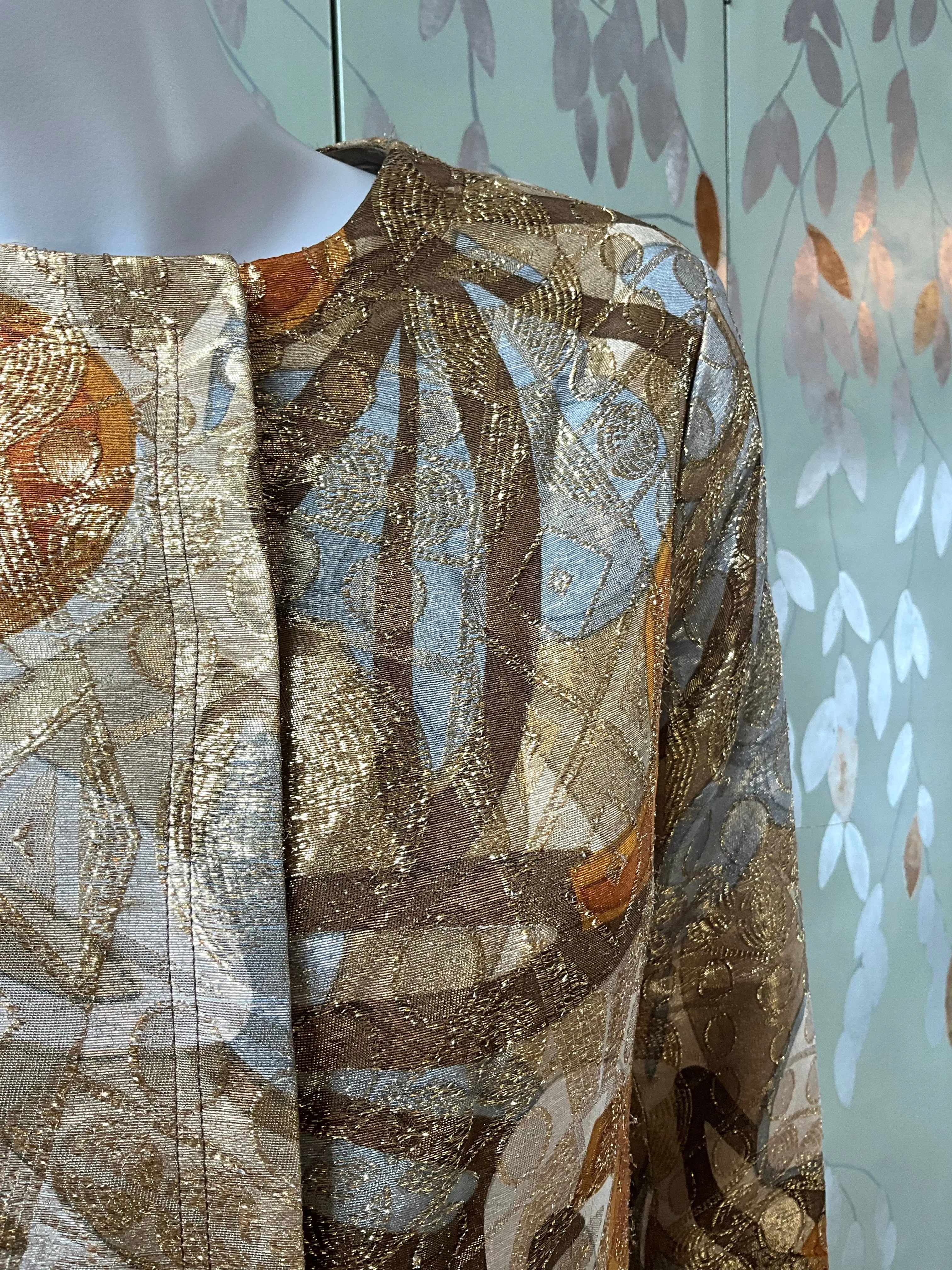 Vintage 1970s Bill Blass Metallic Gold Abstract Coat Jacket, Medium