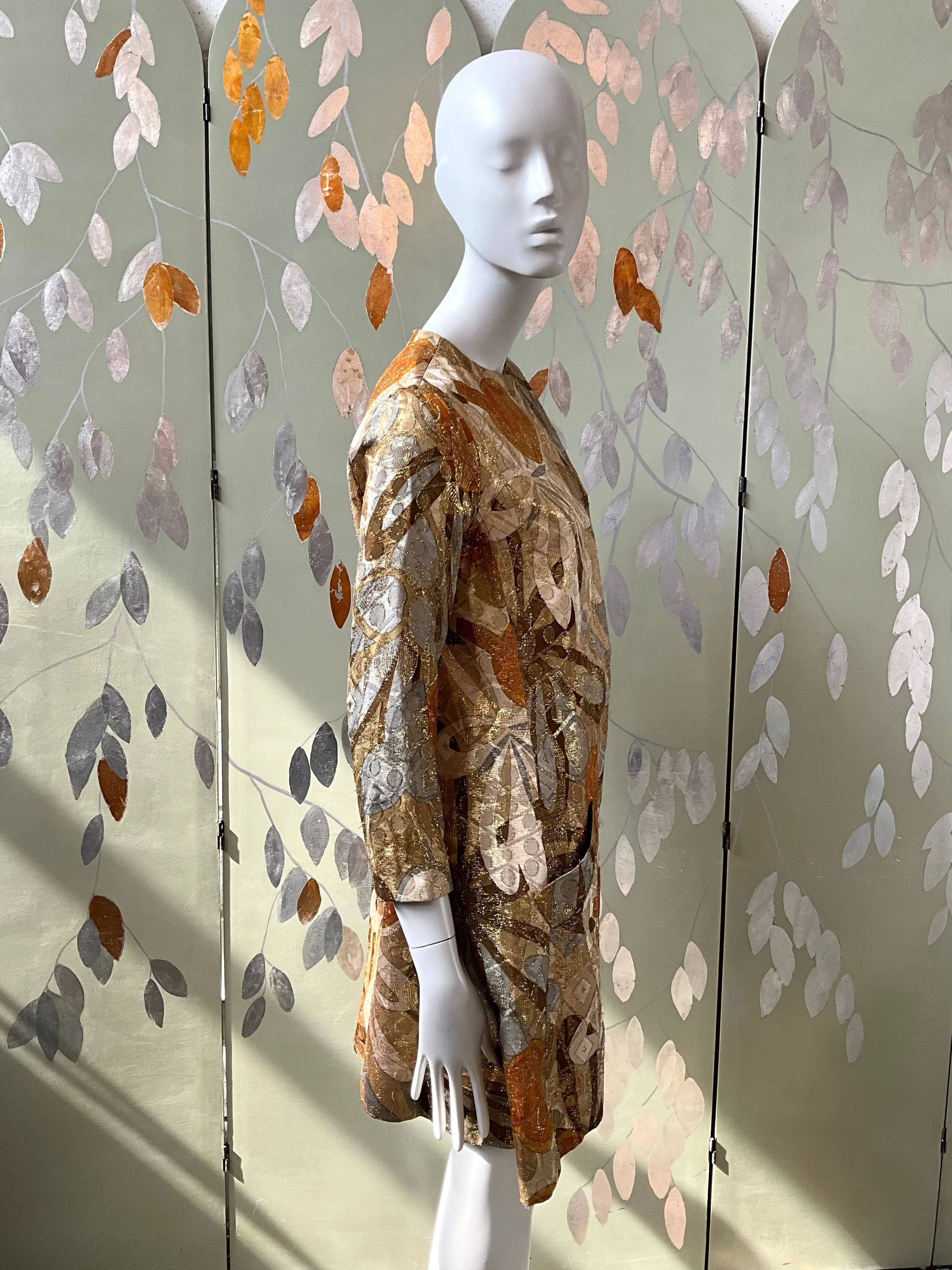 Vintage 1970s Bill Blass Metallic Gold Abstract Coat Jacket, Medium