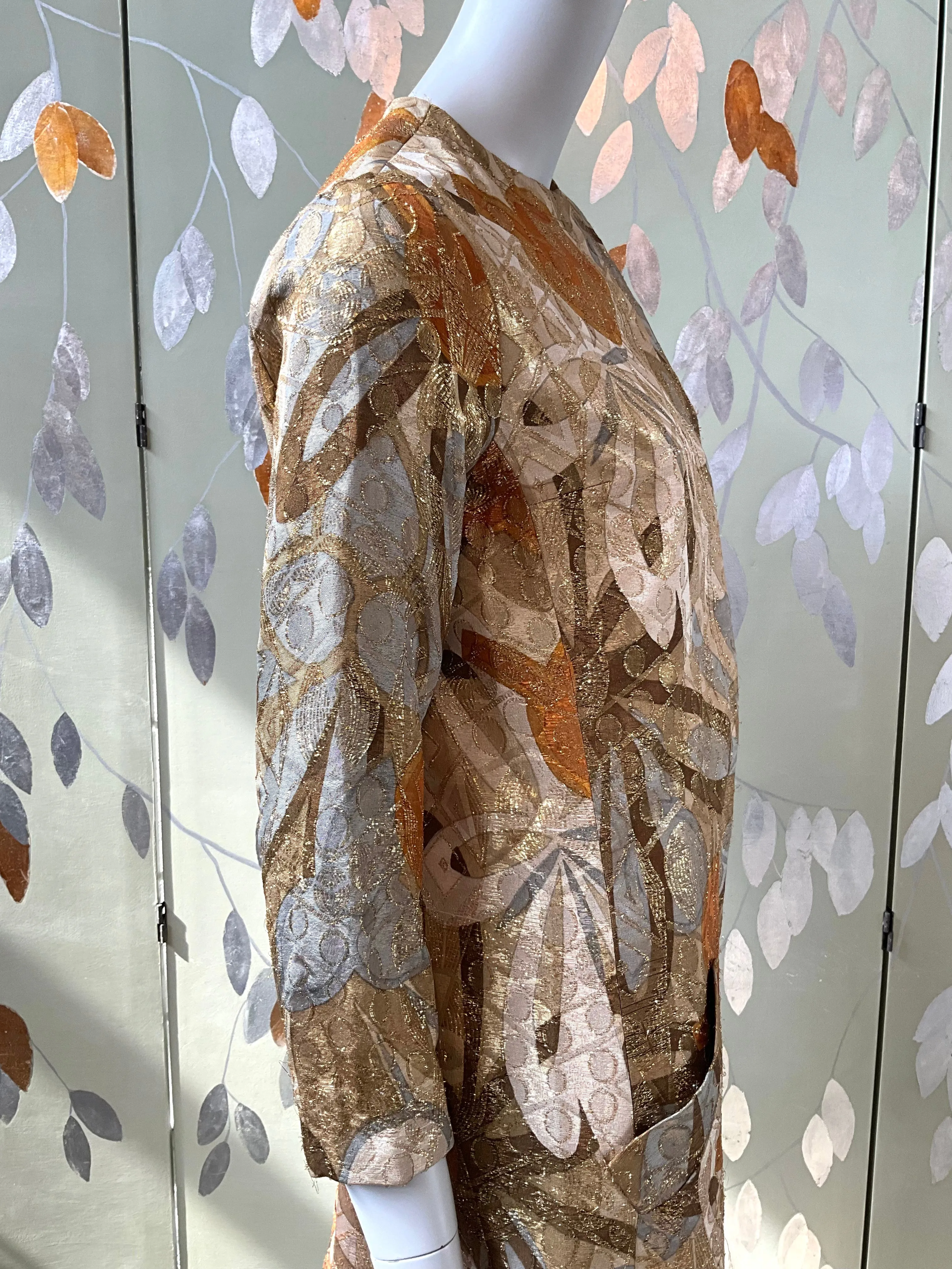Vintage 1970s Bill Blass Metallic Gold Abstract Coat Jacket, Medium