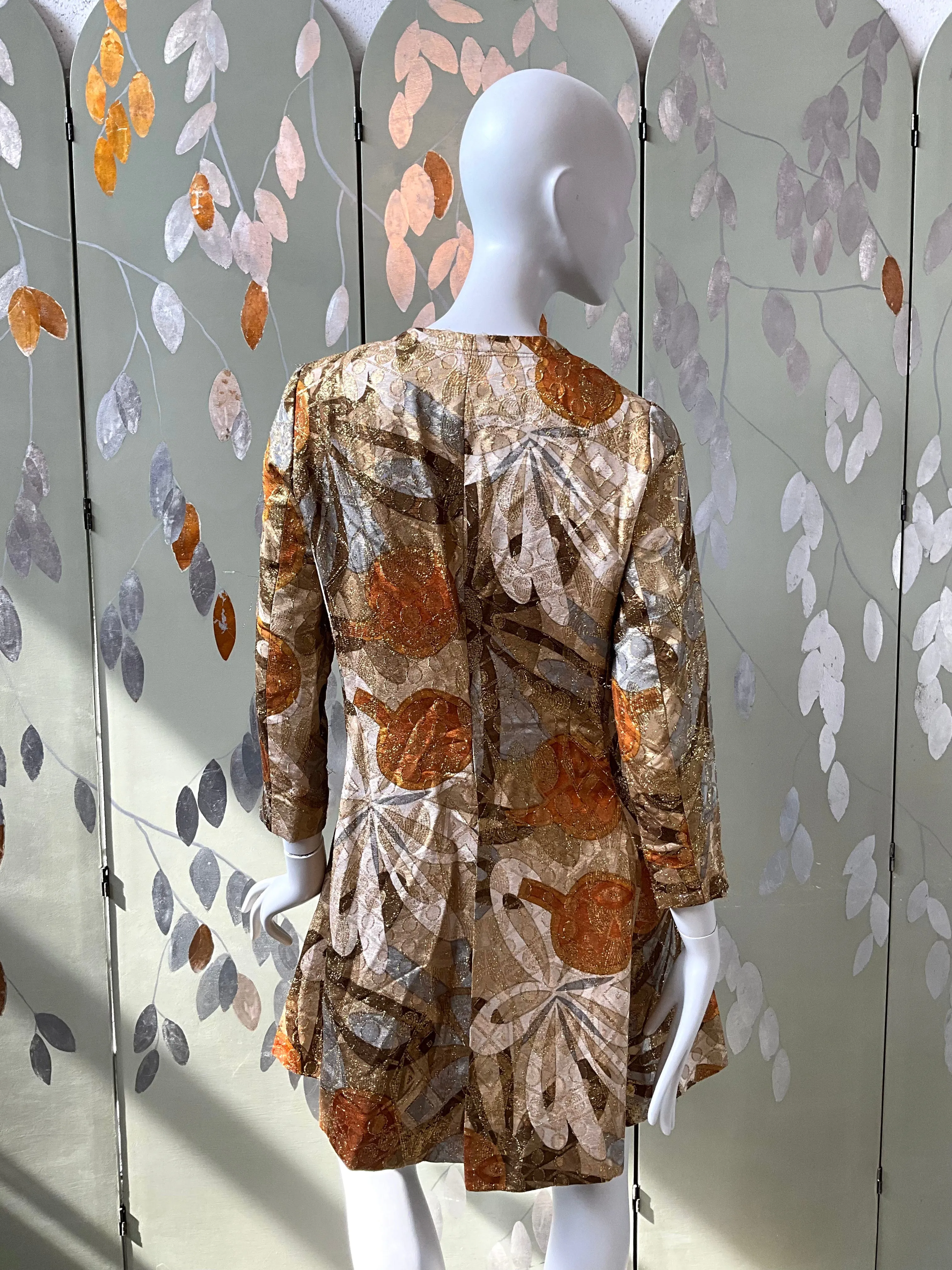 Vintage 1970s Bill Blass Metallic Gold Abstract Coat Jacket, Medium