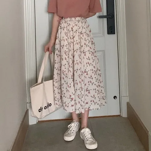 Vintage Floral Print A-line Pleated Long Skirts Women