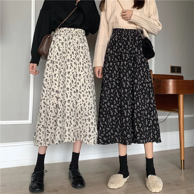 Vintage Floral Print A-line Pleated Long Skirts Women