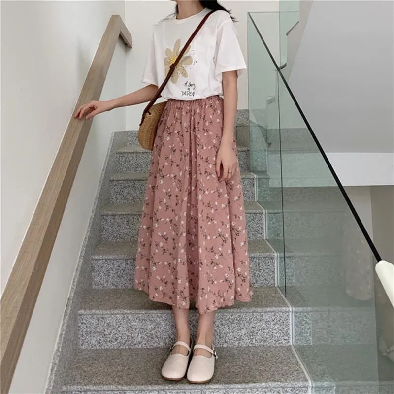 Vintage Floral Print A-line Pleated Long Skirts Women