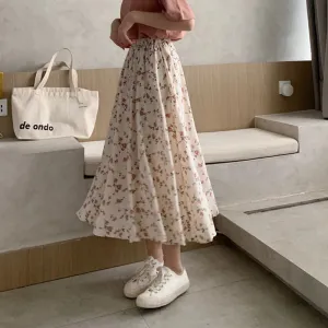 Vintage Floral Print A-line Pleated Long Skirts Women