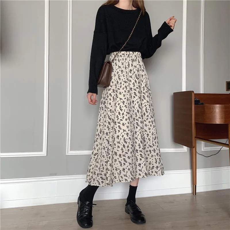 Vintage Floral Print A-line Pleated Long Skirts Women