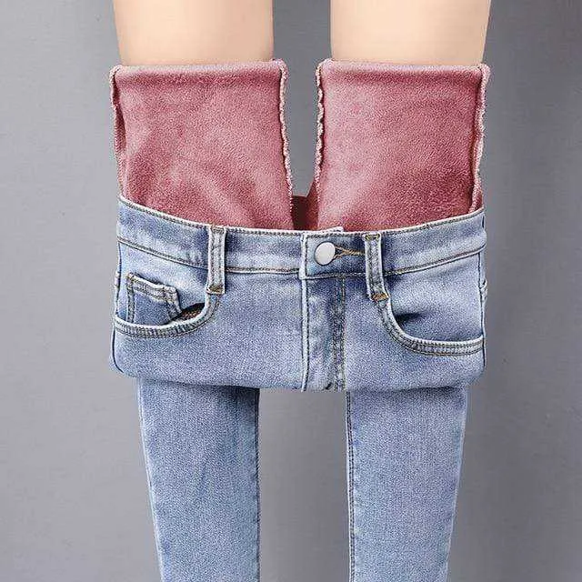 Woman High Waist Casual Winter Warm Jeans Pants
