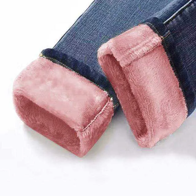 Woman High Waist Casual Winter Warm Jeans Pants