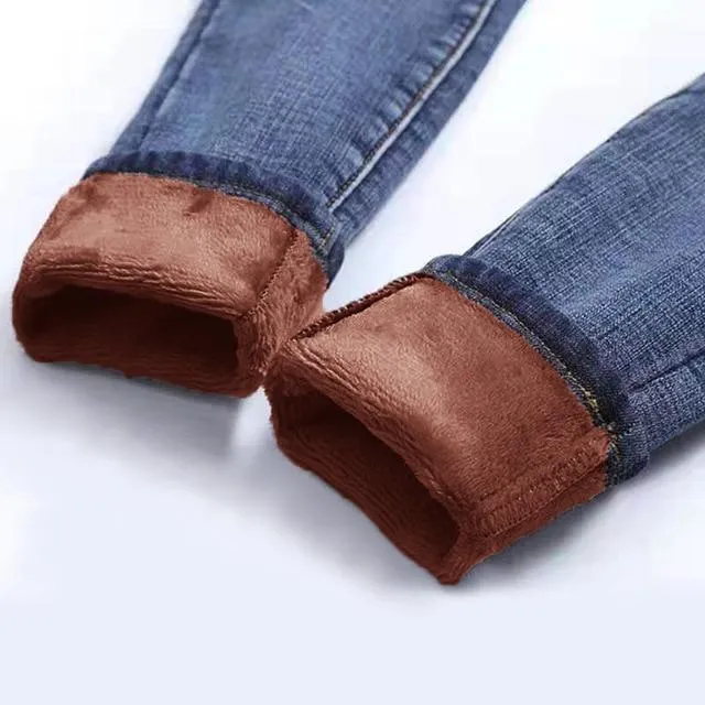 Woman High Waist Casual Winter Warm Jeans Pants