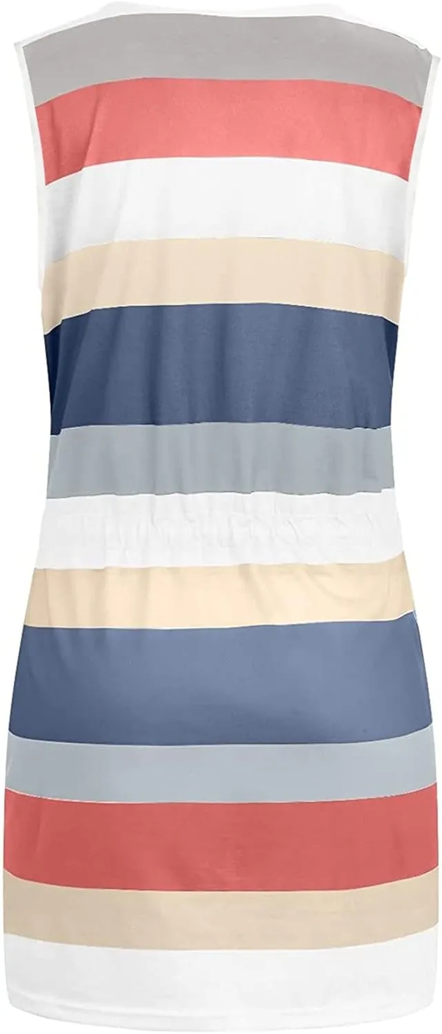 Womens 2025 Summer Dresses Striped Sleeveless Waist Tie Front A- Line Mini Dress Casual Lounge Tunics with Pockets