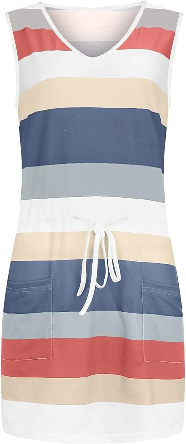 Womens 2025 Summer Dresses Striped Sleeveless Waist Tie Front A- Line Mini Dress Casual Lounge Tunics with Pockets