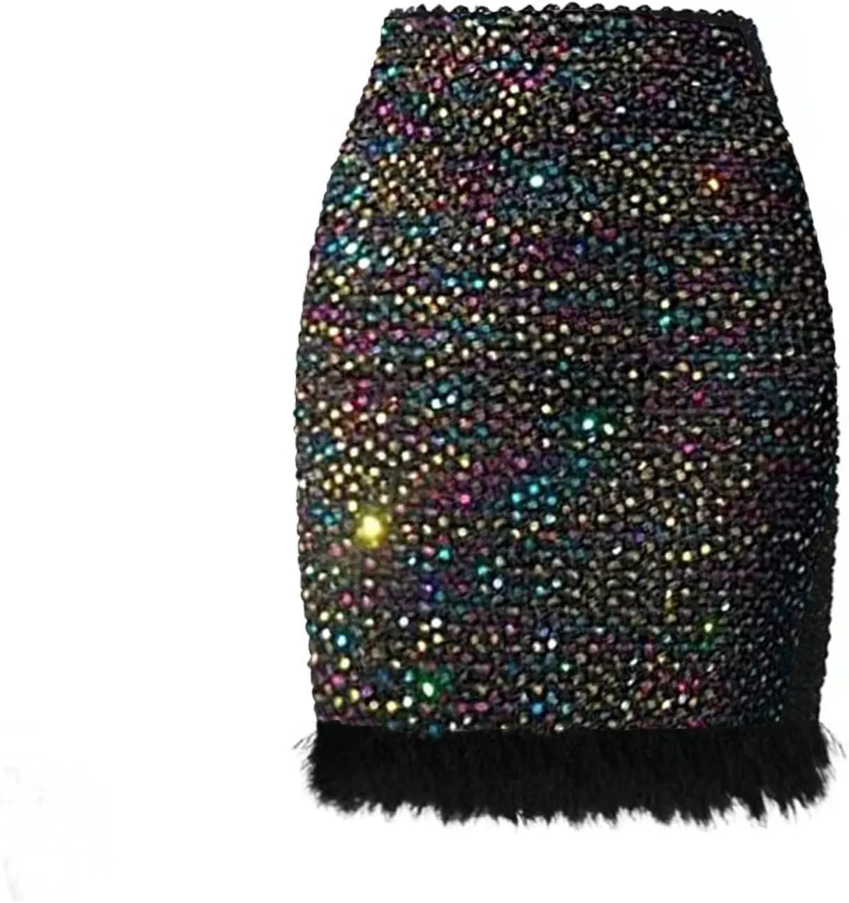 Women's Faux Fur Hem Sequin Pencil Skirt Winter High Waist Bodycon Mini Skirts Sexy Glitter Cocktail Party Skirt