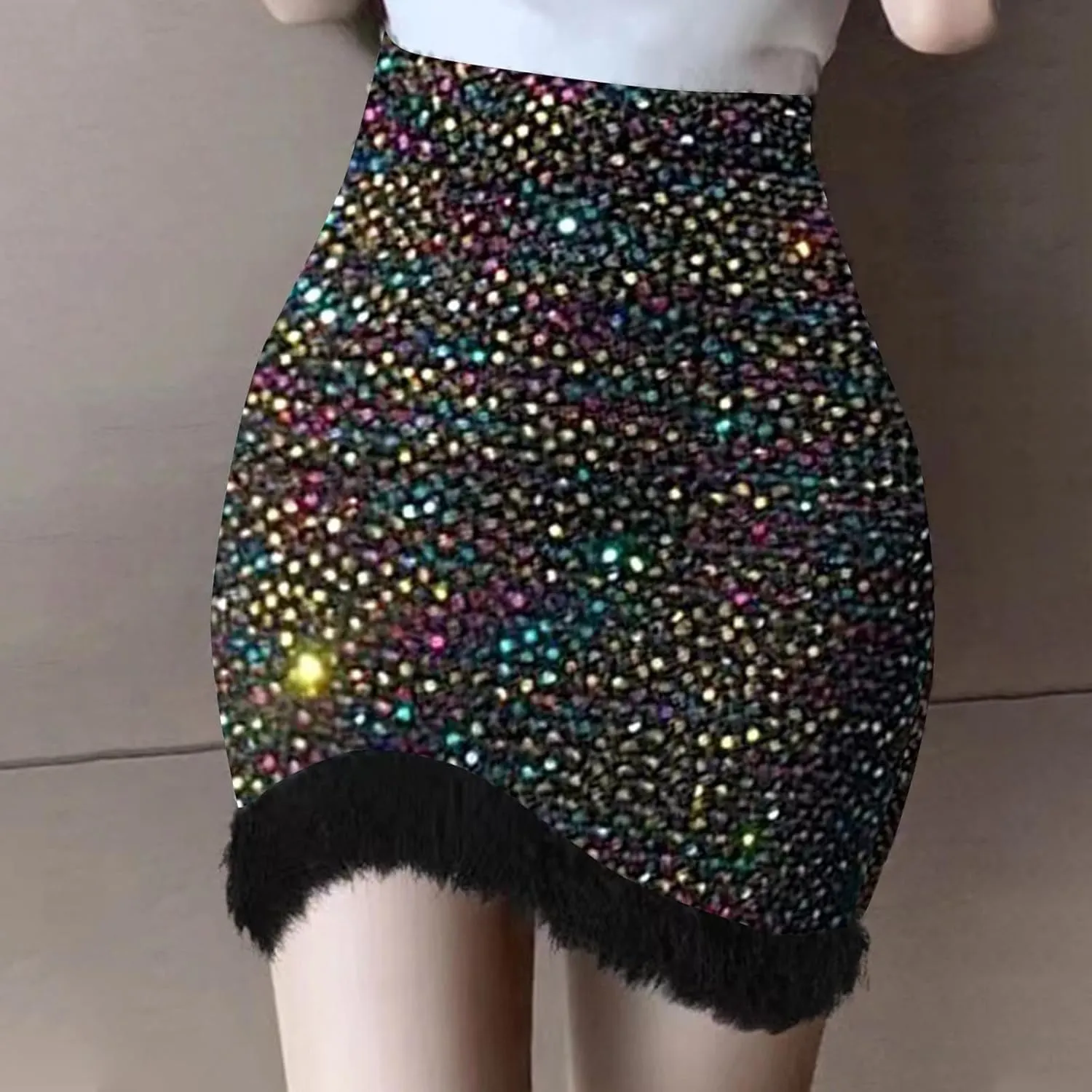 Women's Faux Fur Hem Sequin Pencil Skirt Winter High Waist Bodycon Mini Skirts Sexy Glitter Cocktail Party Skirt