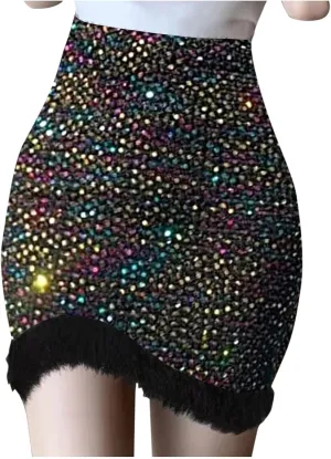 Women's Faux Fur Hem Sequin Pencil Skirt Winter High Waist Bodycon Mini Skirts Sexy Glitter Cocktail Party Skirt