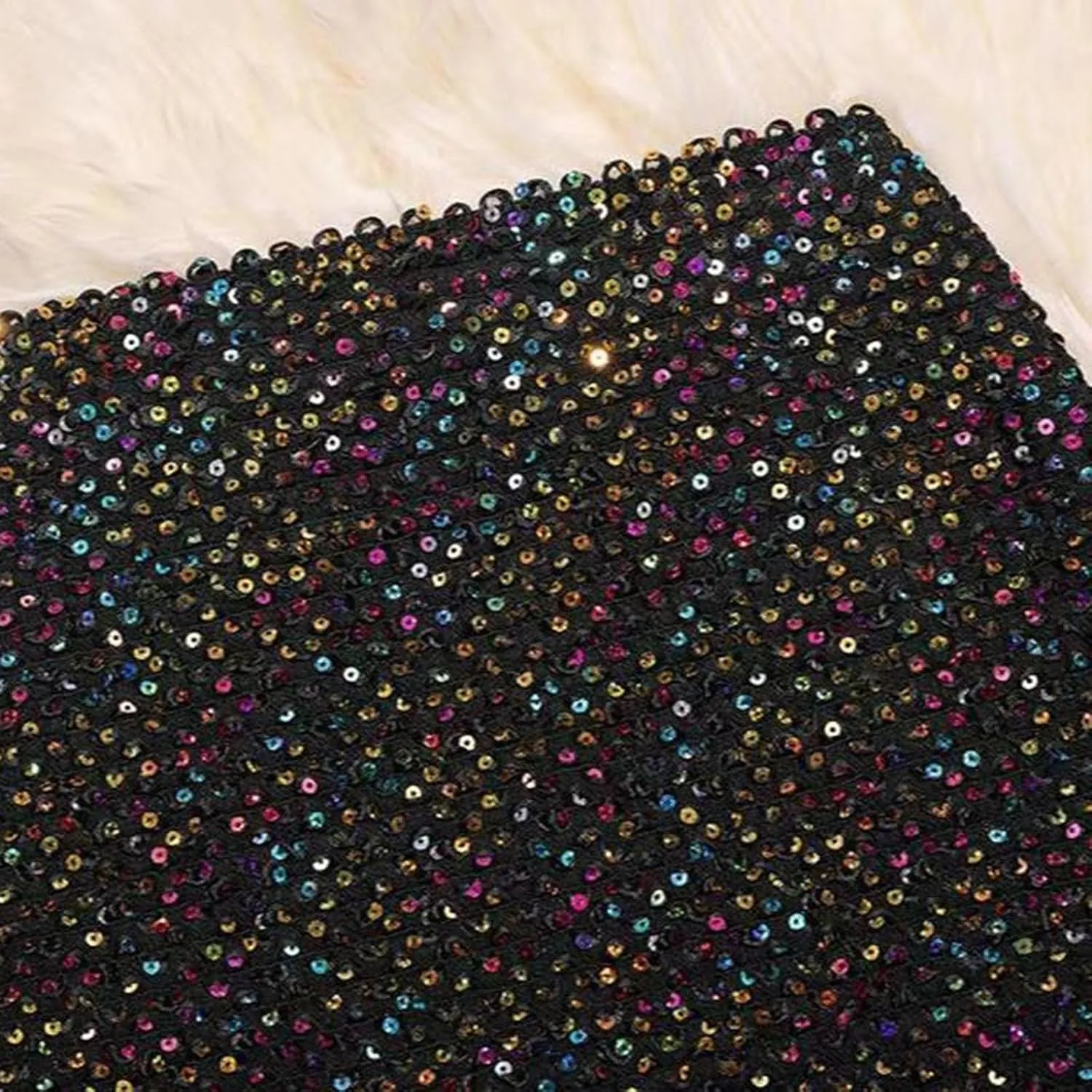 Women's Faux Fur Hem Sequin Pencil Skirt Winter High Waist Bodycon Mini Skirts Sexy Glitter Cocktail Party Skirt