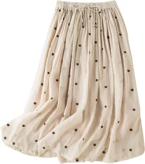 Womens Skirts Midi Length Polka Dot Flowy Long Skirt Belted Elastic Waist Half Skirt Boho Floral Print Swing Skirt