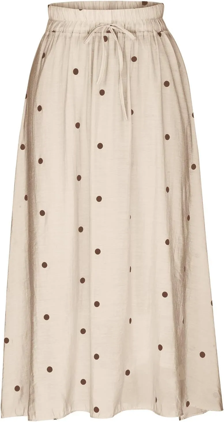 Womens Skirts Midi Length Polka Dot Flowy Long Skirt Belted Elastic Waist Half Skirt Boho Floral Print Swing Skirt