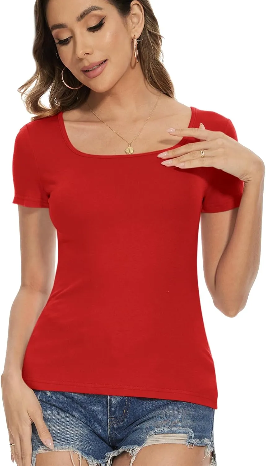 Womens Square Neck Short Sleeve Casual Tshirts Tops Summer Going Out Work Cute Fitted Shirts Trendy 2025