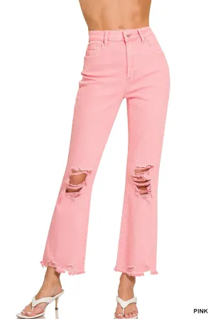 Zenana Acid Wash High Waste Distressed Pants