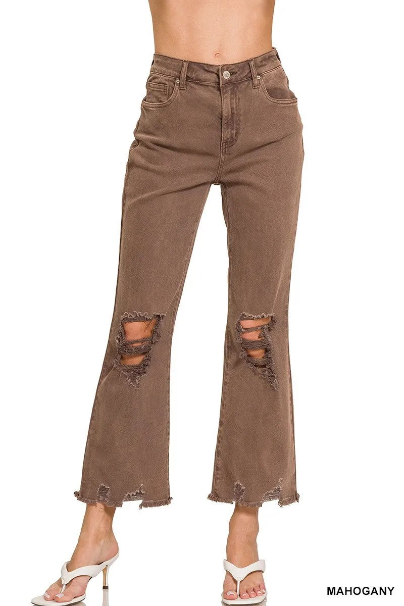 Zenana Acid Wash High Waste Distressed Pants