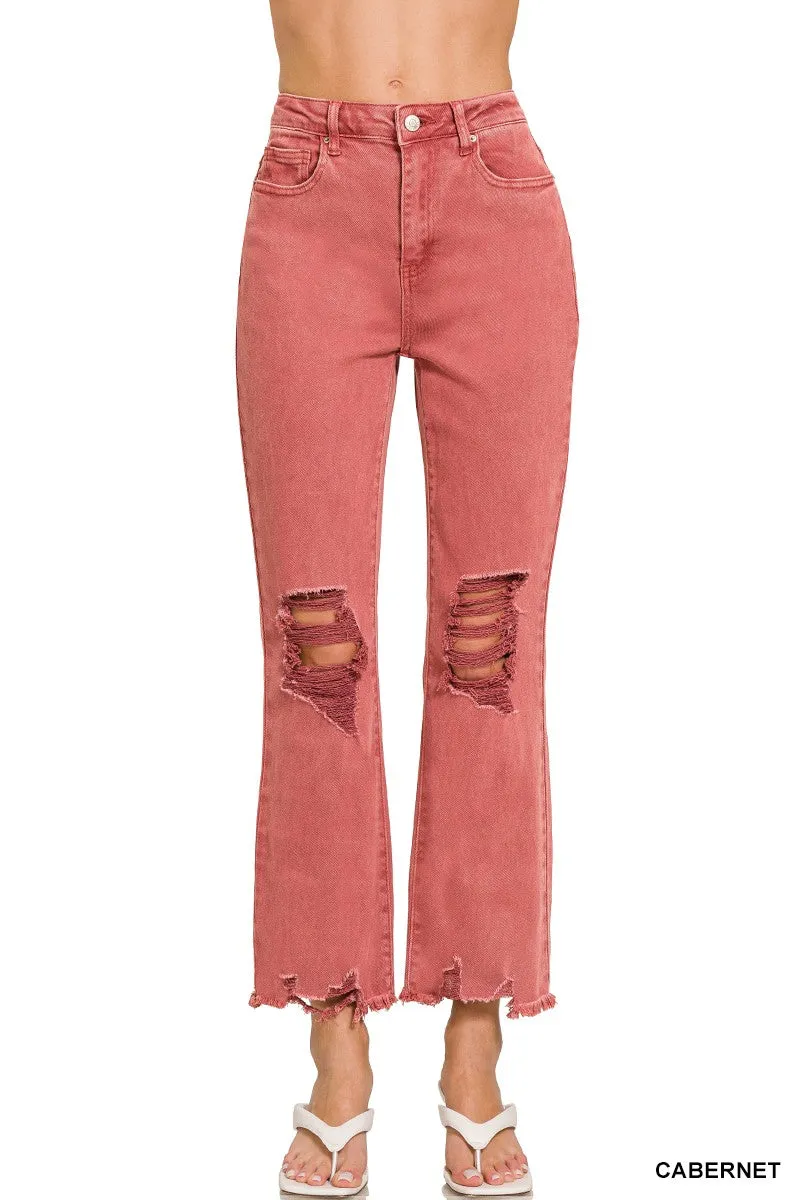 Zenana Acid Wash High Waste Distressed Pants